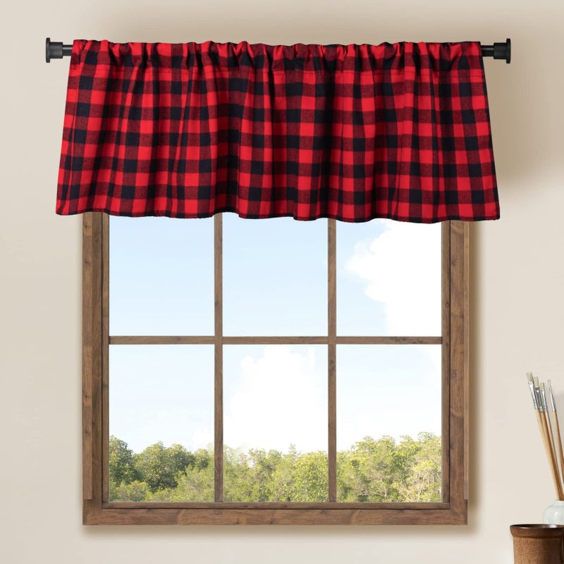 WOSIBO 2 Pack Buffalo Check Plaid Window Valances Red and Black Farmhouse Design Window Treatment Decor Curtains Rod Pocket Valances for Kitchen/Living Room 16"" x 56"" - Image 1